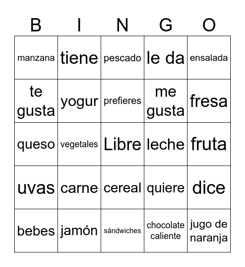 La comida Span 1 Bingo Card