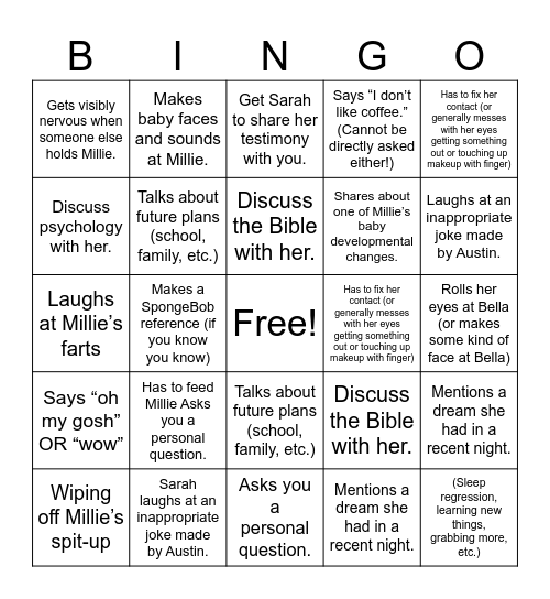 Sarah Bingo Card