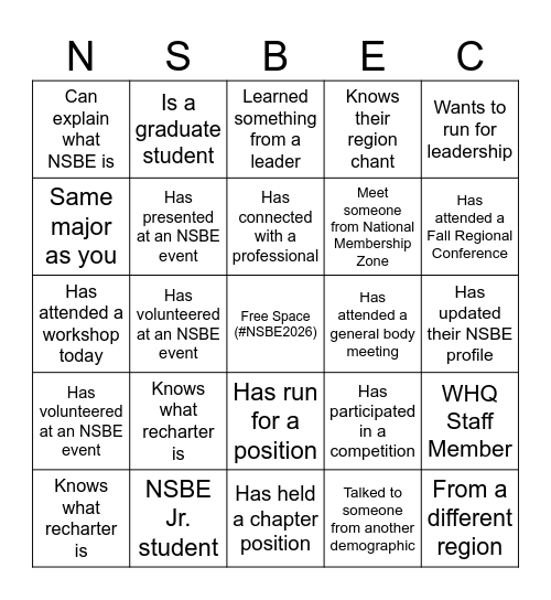 NSBE CONNECT BINGO Card