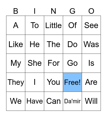 Sight Words Bingo Card