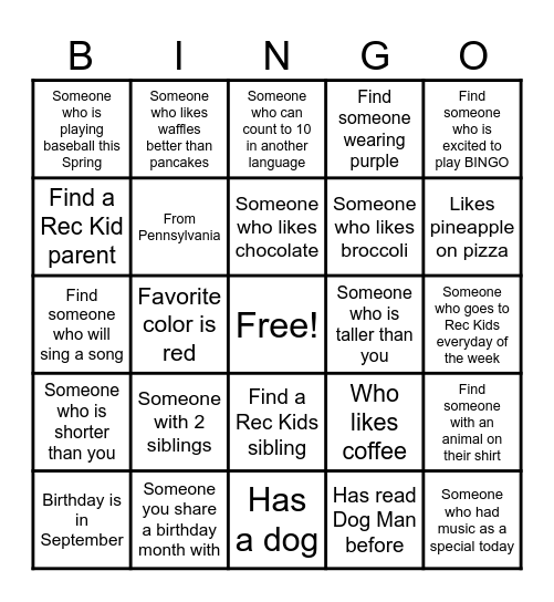 Rec Kids Family BINGO Card