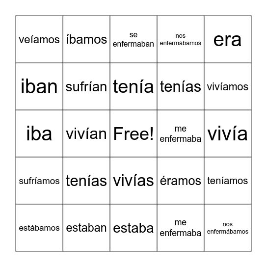 El imperfecto Bingo Card
