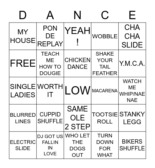 DANCE MUSIC BINGO Card