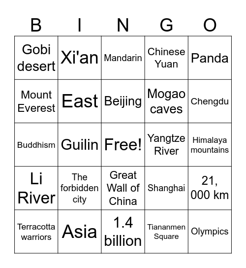 China! Bingo Card