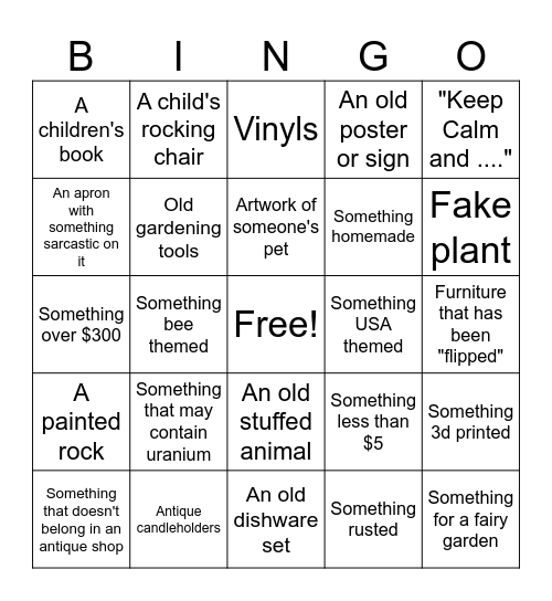 Antique Store Bingo Card