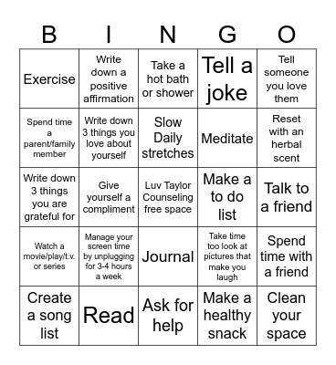 Teen Self-Care Bingo Card