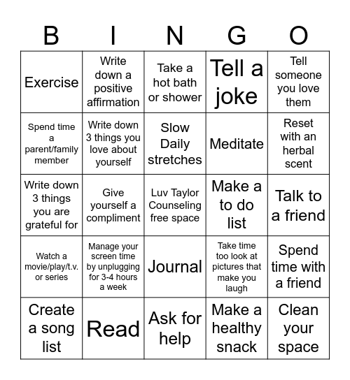 Teen Self-Care Bingo Card