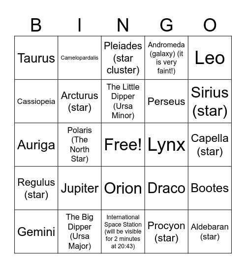 FUSION Stargazing Bingo Card