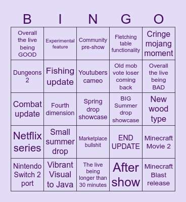 Minecraft Live 26 bingo Card