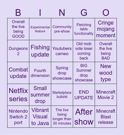 Minecraft Live 26 bingo Card