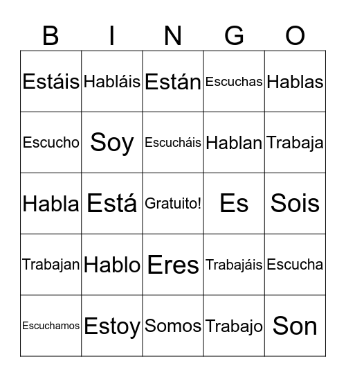 Estar, Ser, -Ar Verbs Bingo Card