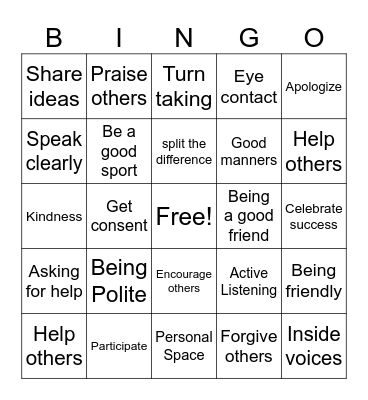 Social Skills Bingo Card