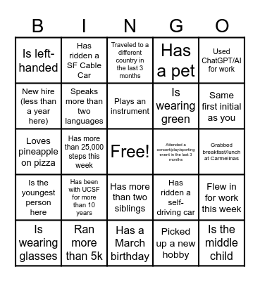 COSI Ice Breaker Bingo Card