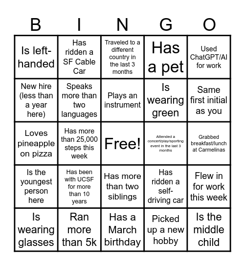 COSI Ice Breaker Bingo Card
