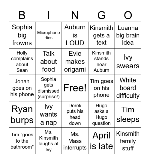 AP Calc Nonsense Bingo Card