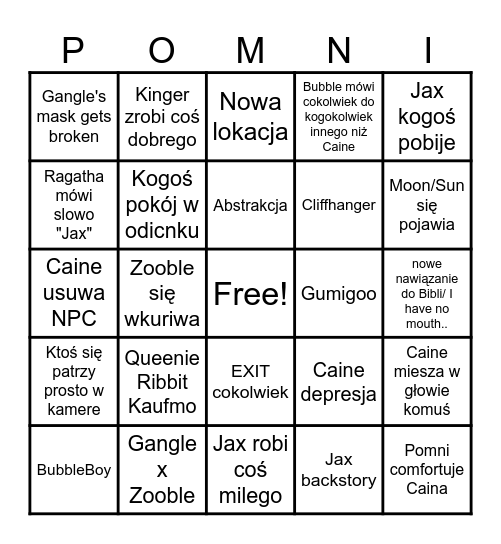 Digital Circus 8 Bingo Card