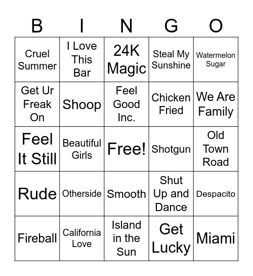 Mid 90's to Present Summer Vibes Bingo Card