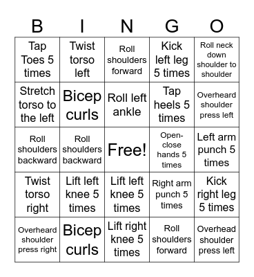 Senior Bingo Exercise Bingo Card