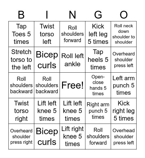Senior Bingo Exercise Bingo Card