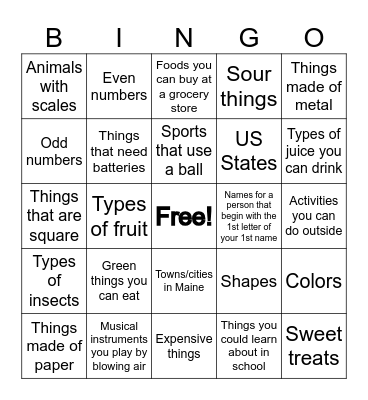 Categories Bingo Card