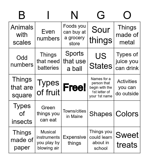 Categories Bingo Card