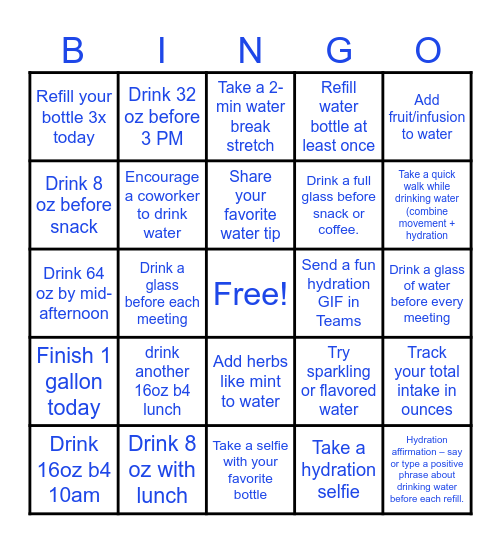 Water Challenge Bingo Card