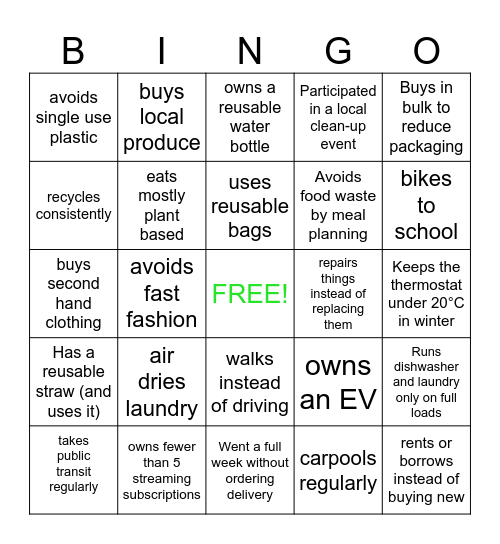 Sustainability Bingo Card