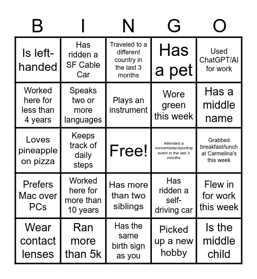 COSI Ice Breaker Bingo Card
