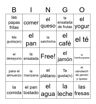 la comida Bingo Card
