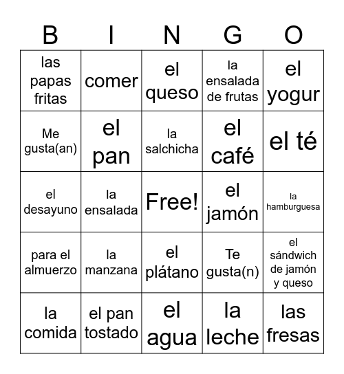 la comida Bingo Card