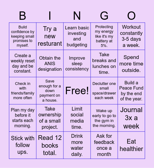 Goals Bingo Card