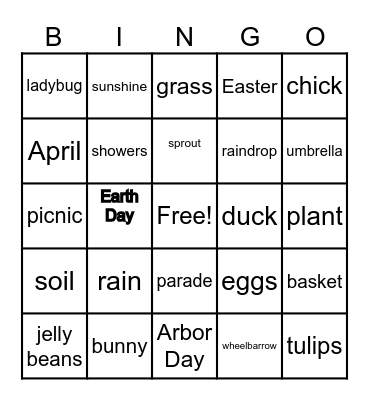 April Vocabulary Words Bingo Card