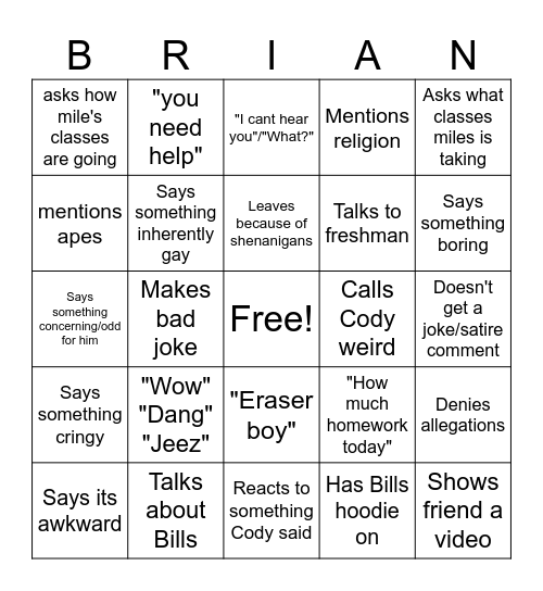 Boring Brian Bingo Card