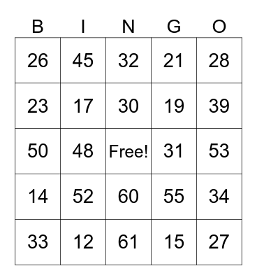 Les nombres 11 à 70 Bingo Card