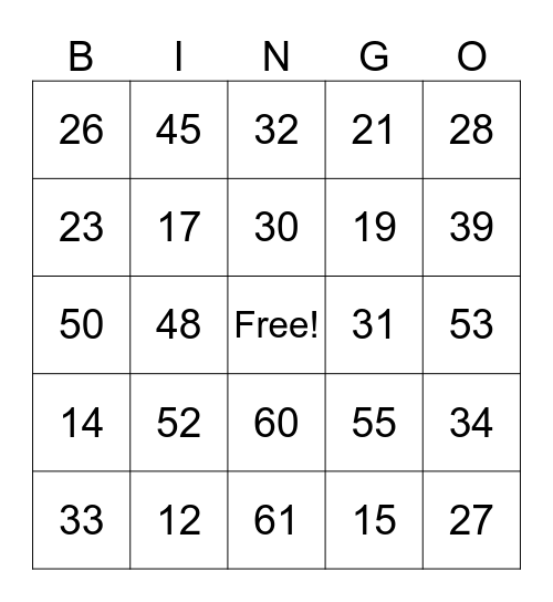 Les nombres 11 à 70 Bingo Card