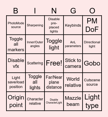 I use every Lighty Lights feature Bingo Card