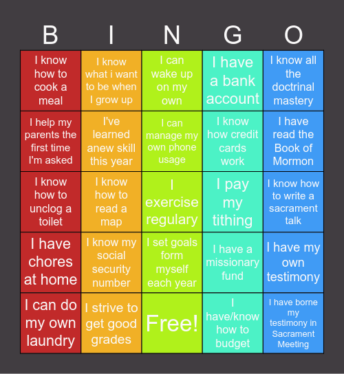 Self-Reliance Bingo Card