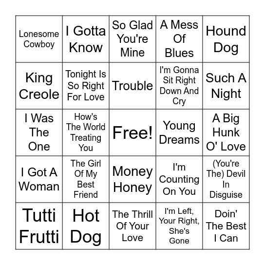Elvis Presley Bingo Card