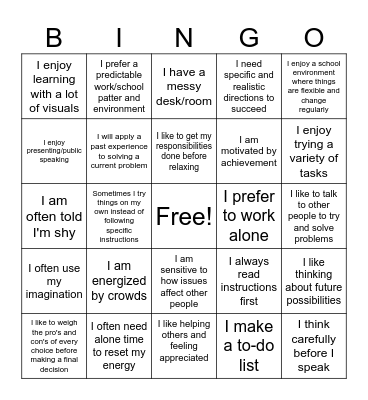 Personality Bingo Card