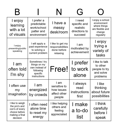 Personality Bingo Card