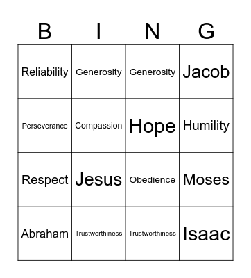 Lifewise Character Traits Bingo Card