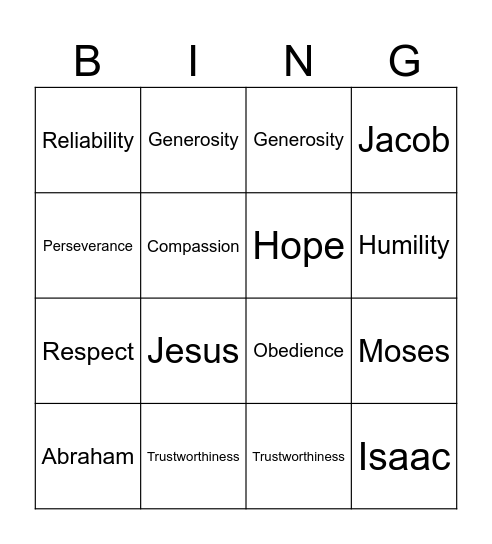 Lifewise Character Traits Bingo Card