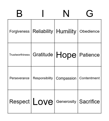 Lifewise Character Traits Bingo Card