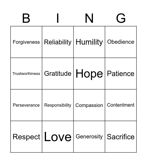 Lifewise Character Traits Bingo Card