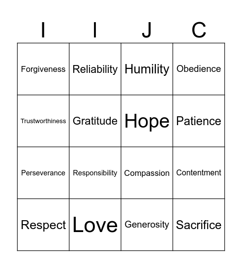 Lifewise Character Traits Bingo Card