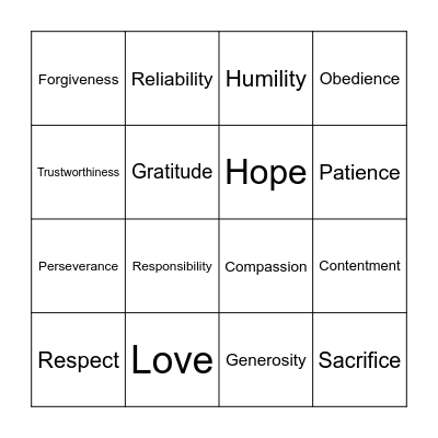 Lifewise Character Traits Bingo Card