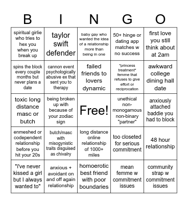 early 20s lesbian dating bingo Card