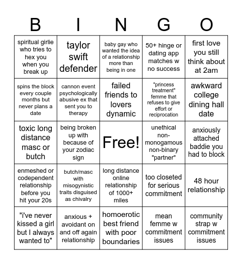 early 20s lesbian dating bingo Card