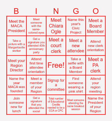 First Time Attendee Bingo Card