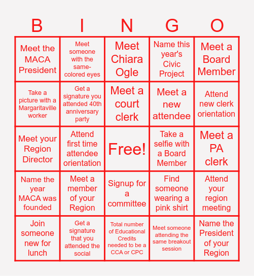 First Time Attendee Bingo Card